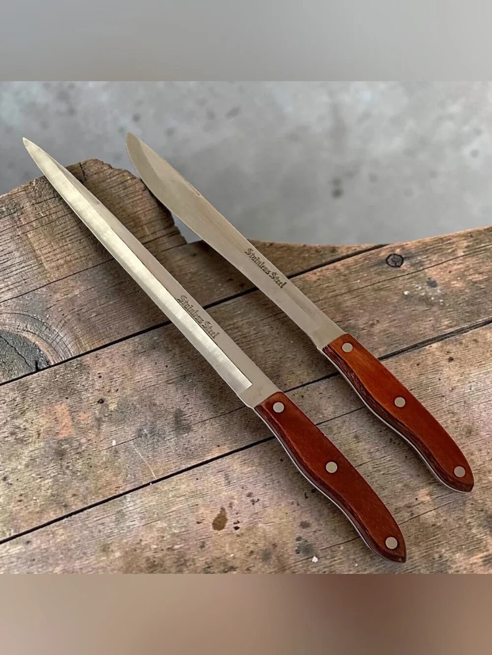 2 Interpur Japan Carving Knives Stainless Steel Blades Wood Handles Full Tang